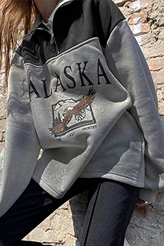 Voqeen Sudadera con Cremallera de Manga Larga para Mujer Alaska Sudadera sin Capucha y Cuello Alto con Estampado de Letras Abrigo de Abrigo Cálido con Contraste Vintage
