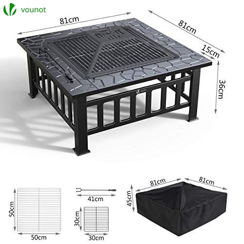 VOUNOT Brasero Exterior para Jardín y Terraza, 3 en 1 Metal Fire Pit, Pozo de Fuego con Barbacoa, 81 x 81 x 45 cm