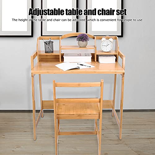 Wakects Juego de mesa y silla de estudio de bambú, silla de escritorio para estudiantes escolares con estantería de 2 capas para el hogar