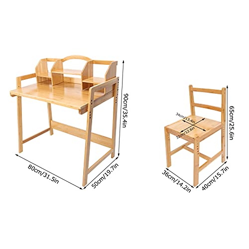 Wakects Juego de mesa y silla de estudio de bambú, silla de escritorio para estudiantes escolares con estantería de 2 capas para el hogar