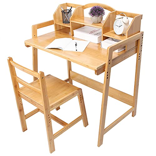 Wakects Juego de mesa y silla de estudio de bambú, silla de escritorio para estudiantes escolares con estantería de 2 capas para el hogar