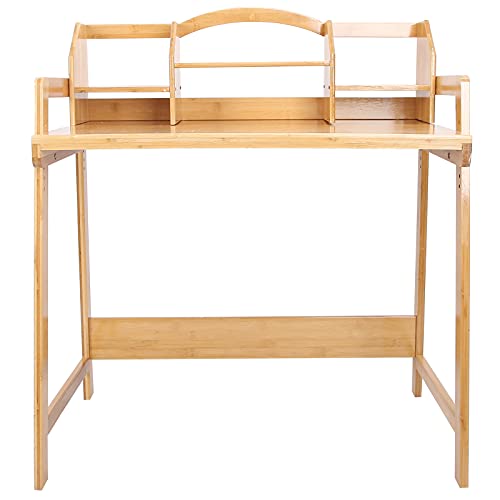 Wakects Juego de mesa y silla de estudio de bambú, silla de escritorio para estudiantes escolares con estantería de 2 capas para el hogar