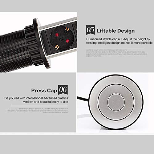 Wakects Tower Power - Enchufe eléctrico retráctil para mesa (3 enchufes, con interruptor, para superficies de oficina, trabajo y cocina