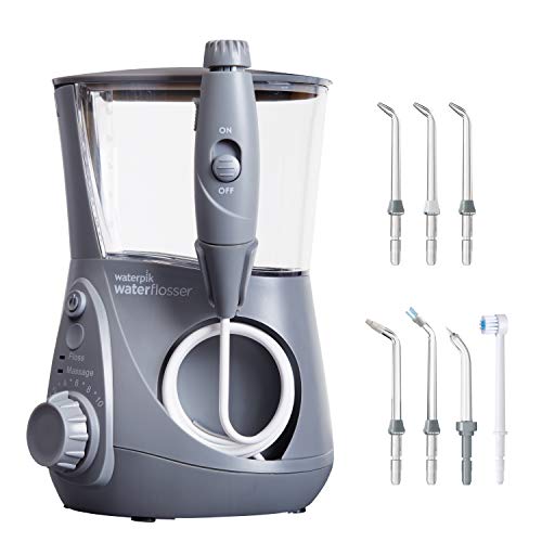 Waterpik Irrigador de Sobremesa Profesional con Agua a Presión y Sistema Avanzado de Control de Presión Mediante 10 Posiciones con 7 Boquillas, Eliminación de Placa Dental, Gris (WP-667UK)