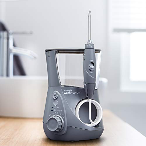 Waterpik Irrigador de Sobremesa Profesional con Agua a Presión y Sistema Avanzado de Control de Presión Mediante 10 Posiciones con 7 Boquillas, Eliminación de Placa Dental, Gris (WP-667UK)