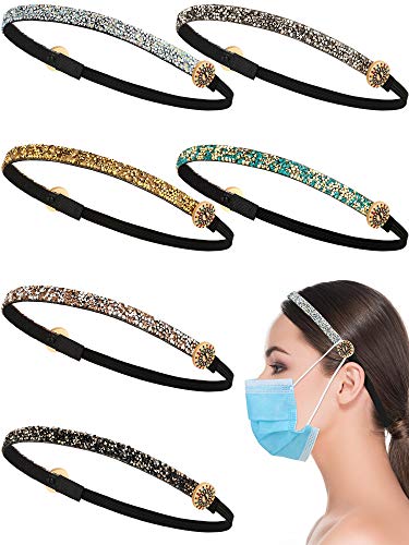 Waydress 6 Diademas con Botón, Diadema Brillantina Flaca Banda de Pelo Elástica Antideslizante Diadema con Botón Soporte de Protección Orejas para Deporte (Patrón Clásico)