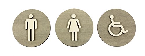 WC – Placa para puerta cartel gris madera de WC Cartel Mujer Hombre discapacitados pictograma, madera, Damen+Herren+Behinderten, Ø 12cm