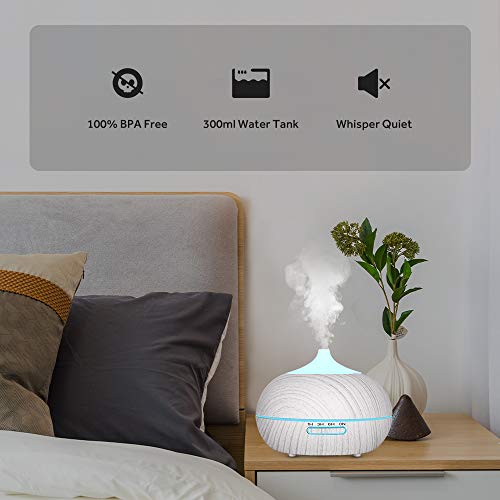WD&CD Humidificador Aromaterapia Ultrasónico [300ML]， 7-Color LED, 3 Ajuste de Tiempo， Mudo Difusor de Aceites Esenciales de luz para Bebes, Hogar, Oficina,Dormitorio —Blanco