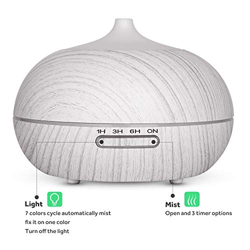 WD&CD Humidificador Aromaterapia Ultrasónico [300ML]， 7-Color LED, 3 Ajuste de Tiempo， Mudo Difusor de Aceites Esenciales de luz para Bebes, Hogar, Oficina,Dormitorio —Blanco