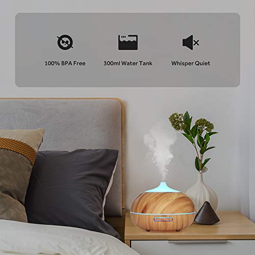 WD&CD Humidificador Aromaterapia Ultrasónico [300ML]， 7-Color LED, 3 Ajuste de Tiempo，Súper Mudo Difusor de Aceites Esenciales de luz para Bebes, Hogar, Oficina,Dormitorio —Grano de Madera