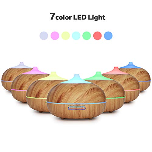 WD&CD Humidificador Aromaterapia Ultrasónico [300ML]， 7-Color LED, 3 Ajuste de Tiempo，Súper Mudo Difusor de Aceites Esenciales de luz para Bebes, Hogar, Oficina,Dormitorio —Grano de Madera