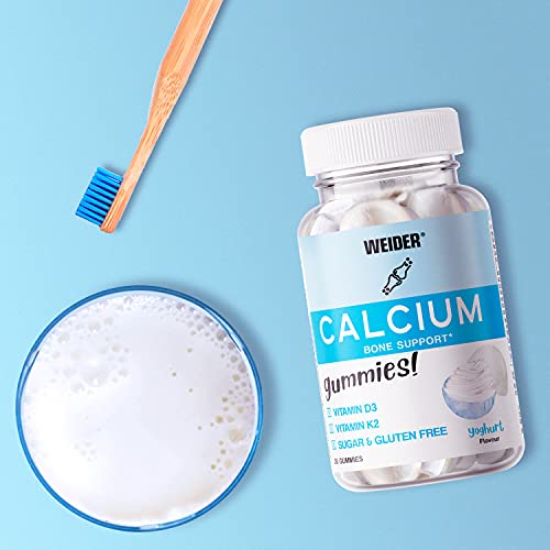 Weider Calcium Gummies. Gominolas de Calcio con Vitamina D y K. Sin Azúcares y Sin Gluten. 36 gummies. Sabor yogurt.