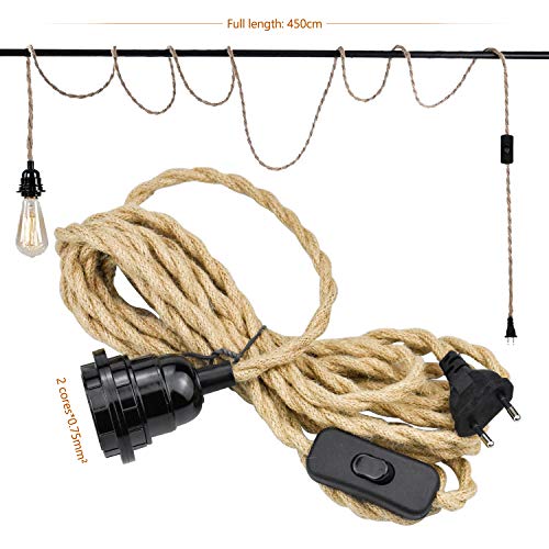 WEKON Cable de Cáñamo para Lámpara, Cable de Cañamo para Lámpara de Techo, Cacable de Luz con Cuerda de Cáñamo 3.5M Tipo E26 250V 3A con Cable y Interruptor Color Marrón Natural
