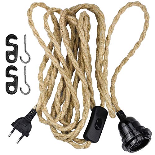 WEKON Cable de Cáñamo para Lámpara, Cable de Cañamo para Lámpara de Techo, Cacable de Luz con Cuerda de Cáñamo 3.5M Tipo E26 250V 3A con Cable y Interruptor Color Marrón Natural