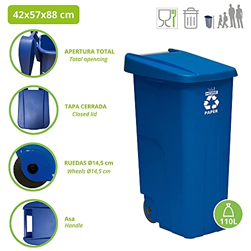 WellHome Contenedor Reciclo 110 litros, Cerrado con Tapa, Ideal para Reciclaje de Papel y cartón, con Ruedas, Azul, 110 L