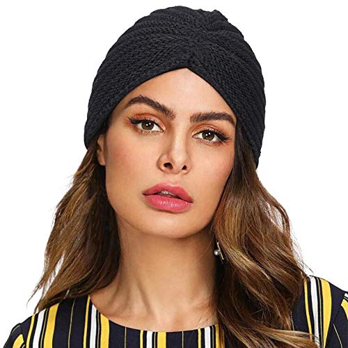WELROG Gorro Turbante de Punto para Mujer Gorra Cruzada de Invierno con Cruzado para Mujer Tapa de Pila para el cáncer Pérdida de Cabello con Alopecia de quimioterapia (Negro