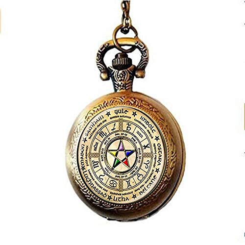 Wiccan - Reloj de bolsillo con pentagrama, joyería de pentagrama, Wicca Jewelry Wicca Pagan Religión Rueda Celta del zodiaco Elemental Pentáculo Regalo