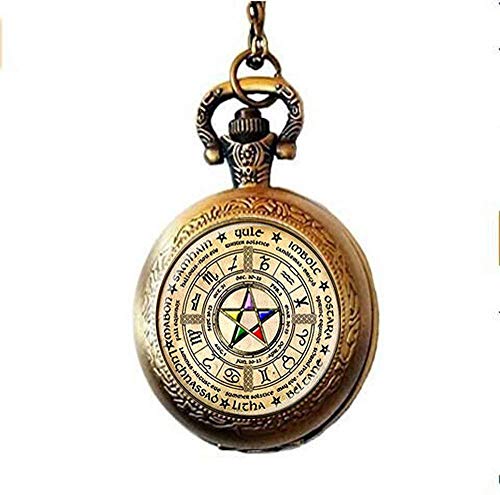 Wiccan - Reloj de bolsillo con pentagrama, joyería de pentagrama, Wicca Jewelry Wicca Pagan Religión Rueda Celta del zodiaco Elemental Pentáculo Regalo
