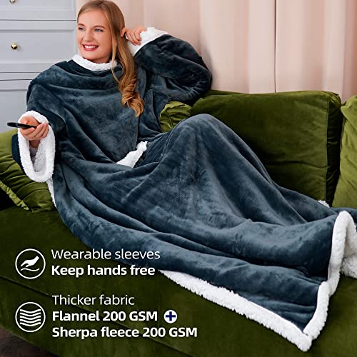 Winthome Manta acogedora con Mangas, Manta Sherpa Warm con Mangas y Bolsillo, Manta Hugz de 140x180 cm para Mujeres Adultas Unisex (Gris)