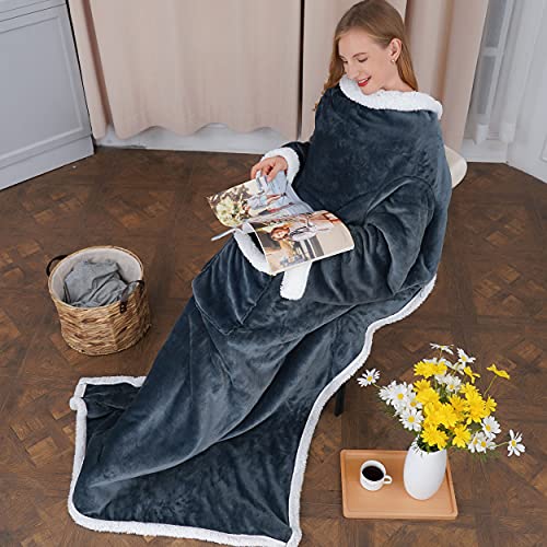 Winthome Manta acogedora con Mangas, Manta Sherpa Warm con Mangas y Bolsillo, Manta Hugz de 140x180 cm para Mujeres Adultas Unisex (Gris)