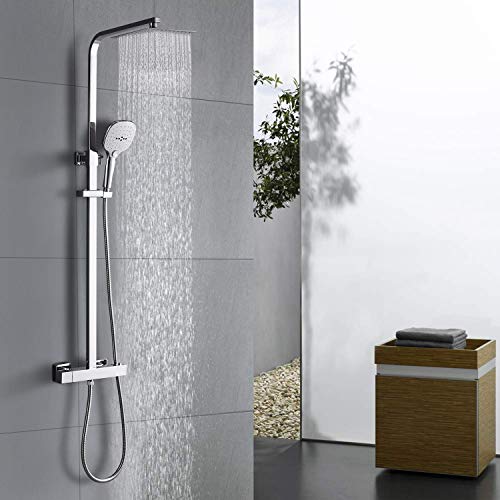 WOOHSE Columna de Ducha Termostática Acero Inoxidable para Baño, con Rociador rectangular, 3 Funciones Ducha de mano, Flexo de ducha, Soporte de Ducha y Barra telescópica de 79.5 cm-122.5 cm, Cromado
