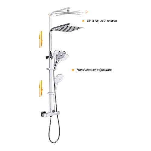 WOOHSE Columna de Ducha Termostática Acero Inoxidable para Baño, con Rociador rectangular, 3 Funciones Ducha de mano, Flexo de ducha, Soporte de Ducha y Barra telescópica de 79.5 cm-122.5 cm, Cromado