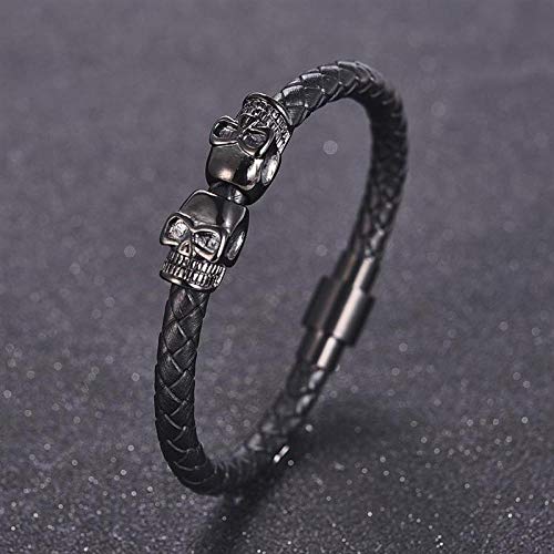WQZYY&ASDCD Pulseras Brazalete Pulsera De Cuero con Calavera Gótica para Hombres, Brazalete De Cierre Magnético De Acero Inoxidable Trenzado Blanco, Joyería De Moda Masculina para Halloween, Re