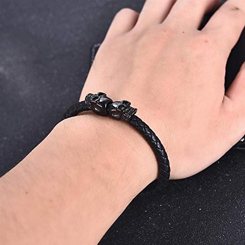 WQZYY&ASDCD Pulseras Brazalete Pulsera De Cuero con Calavera Gótica para Hombres, Brazalete De Cierre Magnético De Acero Inoxidable Trenzado Blanco, Joyería De Moda Masculina para Halloween, Re
