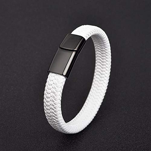 WQZYY&ASDCD Pulseras Brazalete Pulsera De Cuero con Calavera Gótica para Hombres, Brazalete De Cierre Magnético De Acero Inoxidable Trenzado Blanco, Joyería De Moda Masculina para Halloween, Re