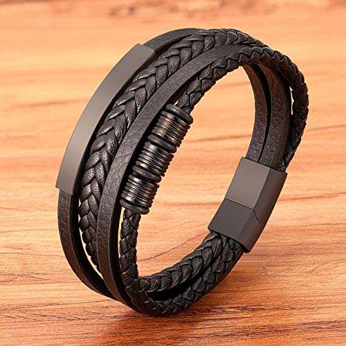 WQZYY&ASDCD Pulseras Brazalete Pulsera De Cuero Multicapa Negra De Acero Inoxidable para Hombre, Botón De Cierre, Brazalete Trenzado Vintage para Hombre, Joyería-Black_23Cm