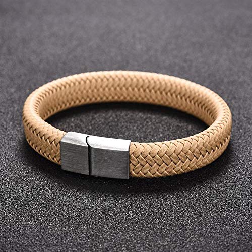 WQZYY&ASDCD Pulseras Brazalete Única Pulsera De Cuero Trenzado De Color Caqui para Hombres, Mujeres, Clásico, Simple, Acero Inoxidable, Hebilla, Brazalete, Rock Hip Hop, Joyería-Silver_16.5Cm