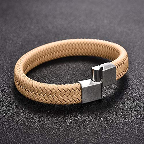 WQZYY&ASDCD Pulseras Brazalete Única Pulsera De Cuero Trenzado De Color Caqui para Hombres, Mujeres, Clásico, Simple, Acero Inoxidable, Hebilla, Brazalete, Rock Hip Hop, Joyería-Silver_16.5Cm