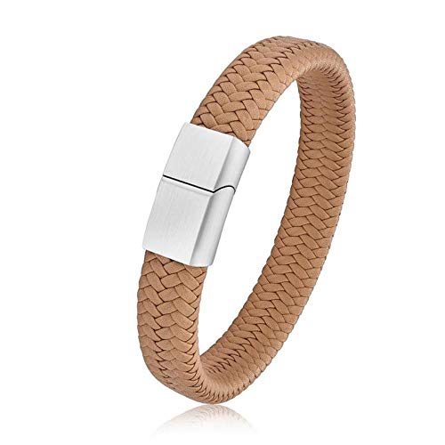 WQZYY&ASDCD Pulseras Brazalete Única Pulsera De Cuero Trenzado De Color Caqui para Hombres, Mujeres, Clásico, Simple, Acero Inoxidable, Hebilla, Brazalete, Rock Hip Hop, Joyería-Silver_16.5Cm