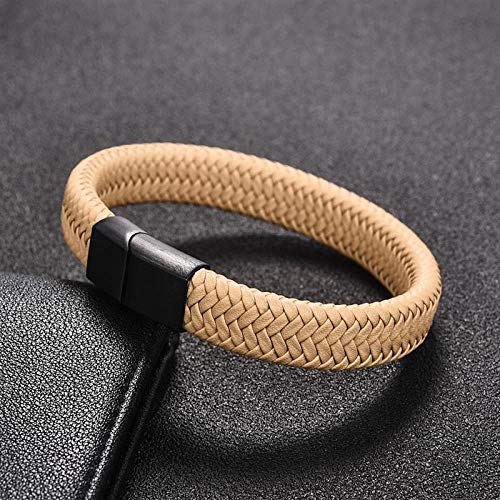 WQZYY&ASDCD Pulseras Brazalete Única Pulsera De Cuero Trenzado De Color Caqui para Hombres, Mujeres, Clásico, Simple, Acero Inoxidable, Hebilla, Brazalete, Rock Hip Hop, Joyería-Silver_16.5Cm