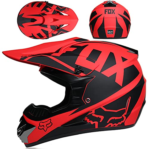 WVW Cascos Infantiles Moto, Casco Motocross Niño 5~12 Años - ECE Homologado (Gafas Guantes Máscara) Casco Integral Adulto para MTB Descenso Enduro Quad Bicicleta - con Diseño Fox - Negro Rojo,XL