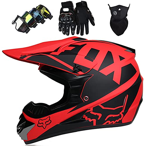 WVW Cascos Infantiles Moto, Casco Motocross Niño 5~12 Años - ECE Homologado (Gafas Guantes Máscara) Casco Integral Adulto para MTB Descenso Enduro Quad Bicicleta - con Diseño Fox - Negro Rojo,XL
