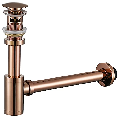 WXDL Sifón para Lavabo G1-1/4 Latón Universal Sifón de Diseño Redonda Sifón Desagüe Altura Ajustable Sifón de Baño para Lavabos Válvula Pop-Up Tapones de Desagüe, Oro Rosa,with Overflow Hole