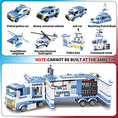 WYSWYG City Police Toy Building Blocks, 1042 Piezas 8 en 1 Comisaría de policía con Coche de policía y helicóptero, Juego de Bloques de construcción compatibles (Azul)