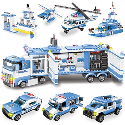 WYSWYG City Police Toy Building Blocks, 1042 Piezas 8 en 1 Comisaría de policía con Coche de policía y helicóptero, Juego de Bloques de construcción compatibles (Azul)