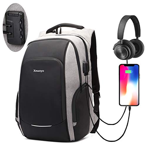 Xnuoyo Mochila Antirrobo de Portátil, 15,6 Pulgada Mochila Ordenador Portatil Resistente al Agua con el Puerto de Carga y Auriculares USB para Hombre Mujer Oficina Trabajo Diario Negocio, Gris