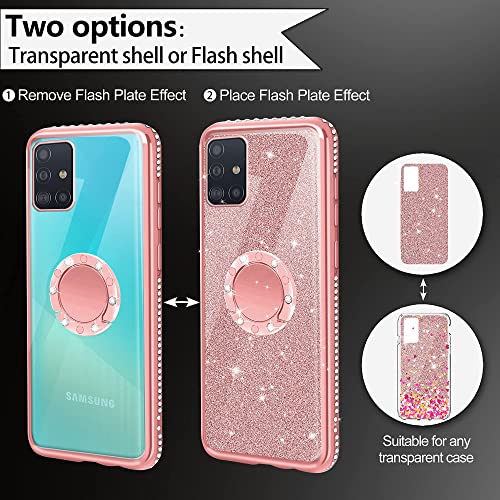 XTCASE Funda para Samsung Galaxy A51 con Cuerda, Glitter Cristal Brillante Diamante Brillo Carcasa 360 Grados Soporte Anillo Giratorio Silicona TPU Case Anti-Rasguños - Rosa