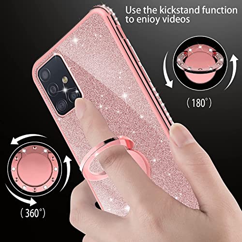 XTCASE Funda para Samsung Galaxy A51 con Cuerda, Glitter Cristal Brillante Diamante Brillo Carcasa 360 Grados Soporte Anillo Giratorio Silicona TPU Case Anti-Rasguños - Rosa