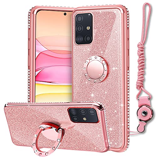 XTCASE Funda para Samsung Galaxy A51 con Cuerda, Glitter Cristal Brillante Diamante Brillo Carcasa 360 Grados Soporte Anillo Giratorio Silicona TPU Case Anti-Rasguños - Rosa