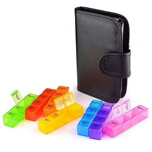 XUBX Pastillero Semanal, 7 días 28 Compartimentos Pastillero Organizador, Multicolor Pill Dispensador Con bolsa de cuero PU, Organizador de Medicamentos Para mujer embarazada, Anciano, Niño