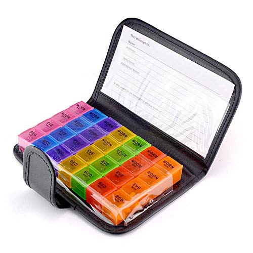 XUBX Pastillero Semanal, 7 días 28 Compartimentos Pastillero Organizador, Multicolor Pill Dispensador Con bolsa de cuero PU, Organizador de Medicamentos Para mujer embarazada, Anciano, Niño