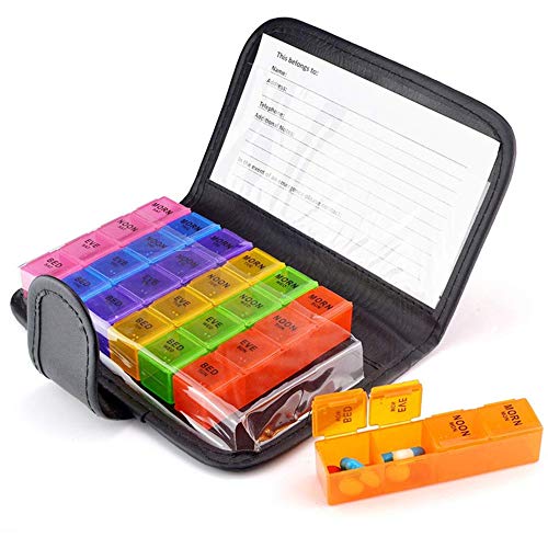 XUBX Pastillero Semanal, 7 días 28 Compartimentos Pastillero Organizador, Multicolor Pill Dispensador Con bolsa de cuero PU, Organizador de Medicamentos Para mujer embarazada, Anciano, Niño