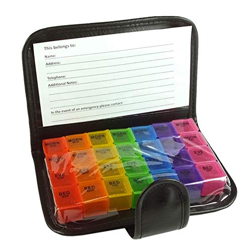 XUBX Pastillero Semanal, 7 días 28 Compartimentos Pastillero Organizador, Multicolor Pill Dispensador Con bolsa de cuero PU, Organizador de Medicamentos Para mujer embarazada, Anciano, Niño