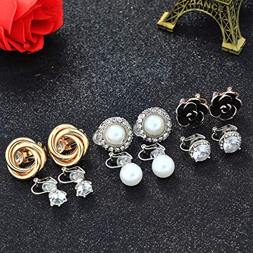YADOCA 6 Pares Pendientes Clip para Mujeres Niñas Pendiente Perla Plata Flor Oro Rosa Hipoalergénico Set Pendientes Clip Mujer Sin Agujero