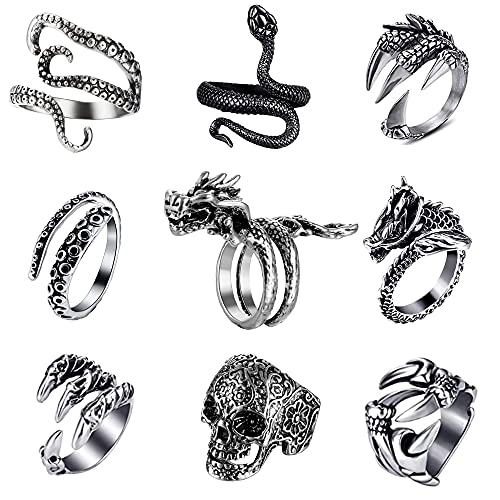 YADOCA 9 Piezas Anillos de Punk Vintage Anillo Mujer Hombre Ajustable Pulpo Dragón Serpiente Gótico Anillo