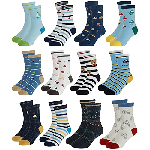Yafane 12 Pares de Calcetines Antideslizantes para Niños Pequeños Algodón Lindo con Puños Calcetines Antideslizantes para Bebés (Color B, 0-1 años)
